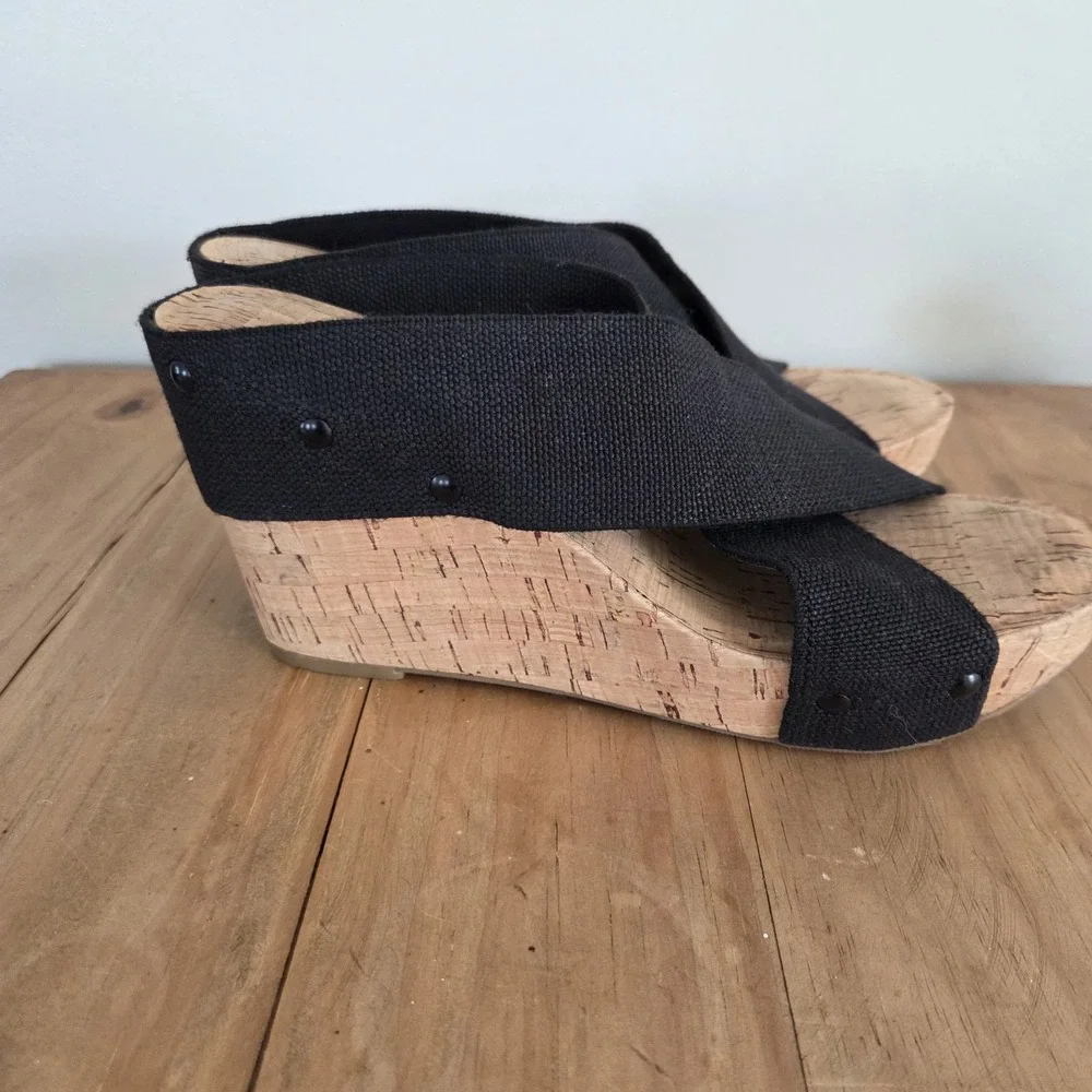 Lucky Brand Valmai Platform Wedge Cork Sandal Black Linen Thick Strap Sz‎ 8.5